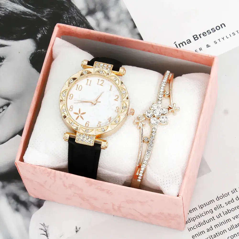 Gold Plated Wristwatch Set for Women Quartz Bracelet Combination - Image 2