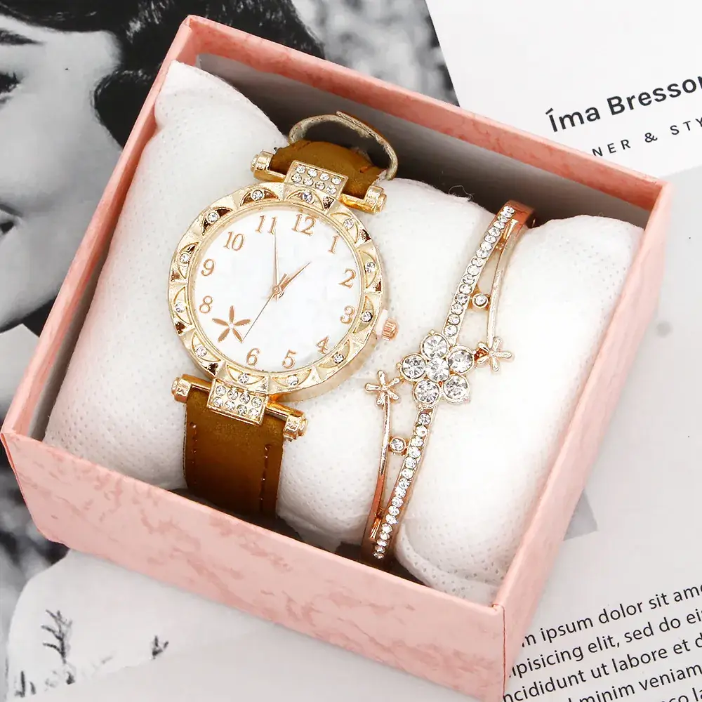 Gold Plated Wristwatch Set for Women Quartz Bracelet Combination - Image 4