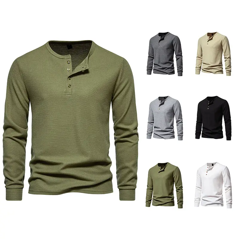 Men's Long Sleeve Waffle T-Shirt Beige 4 Button - Image 7