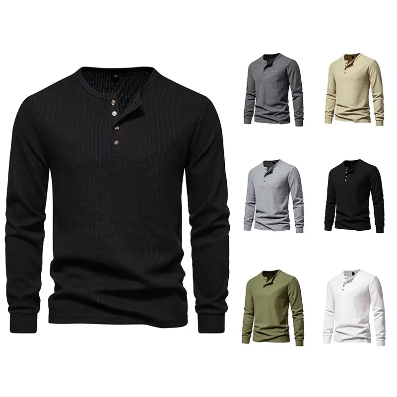 Men's Long Sleeve Waffle T-Shirt Beige 4 Button - Image 8