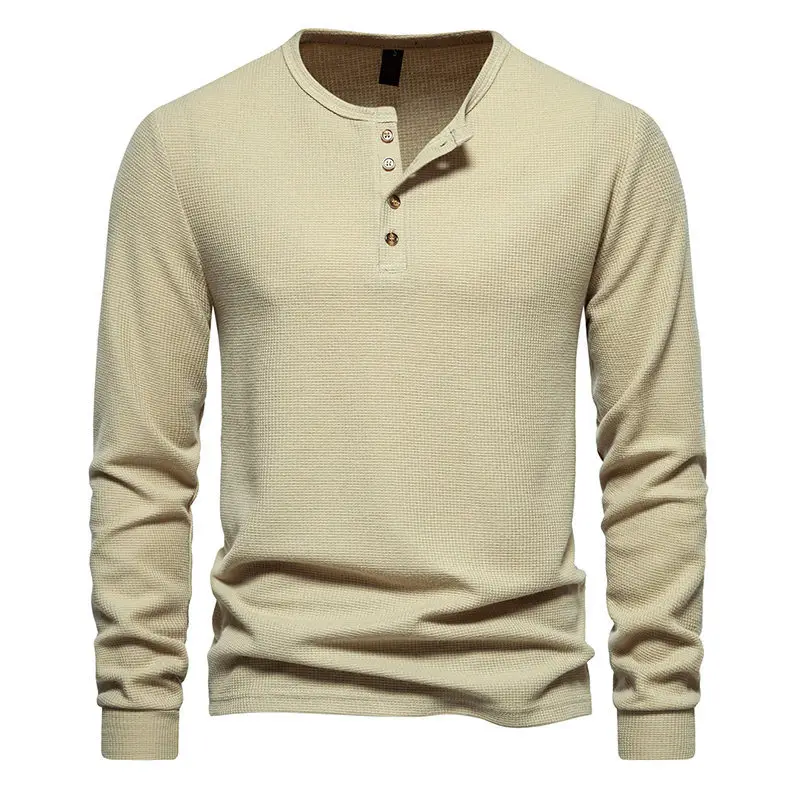 Men's Long Sleeve Waffle T-Shirt Beige 4 Button - Image 10
