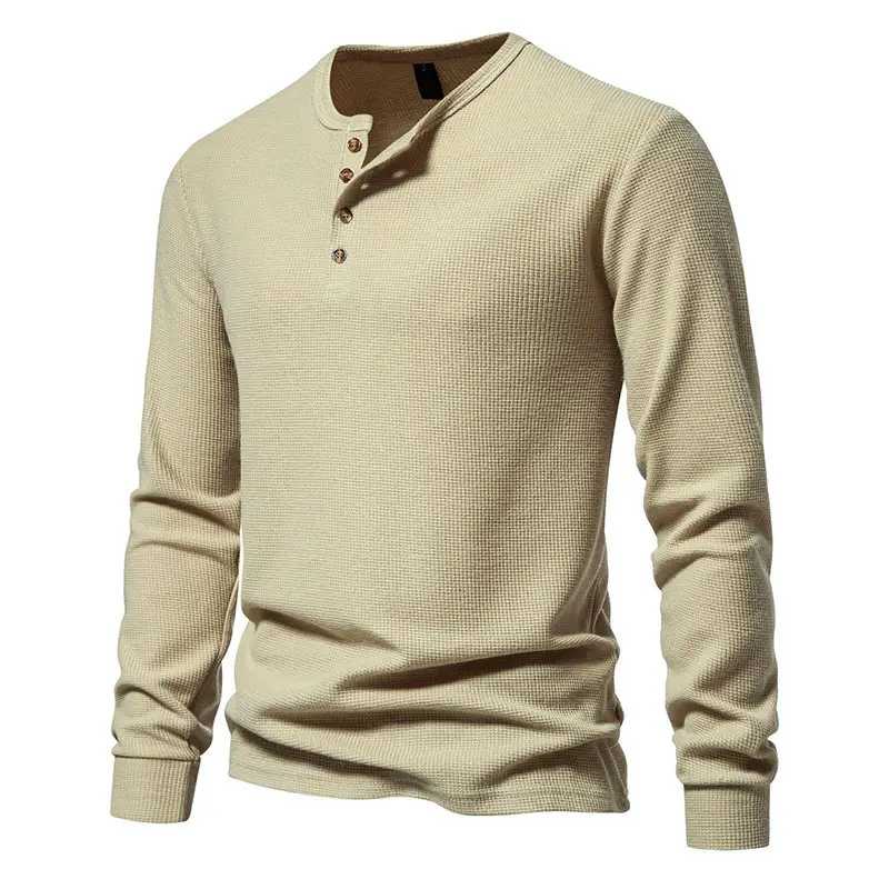 Men's Long Sleeve Waffle T-Shirt Beige 4 Button — feature 12