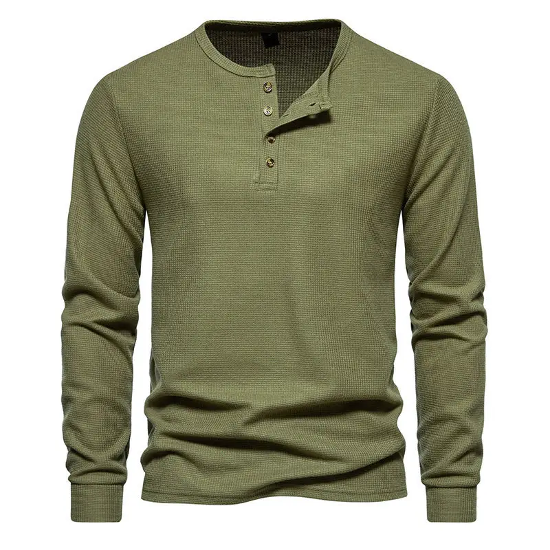 Men's Long Sleeve Waffle T-Shirt Beige 4 Button — feature 14
