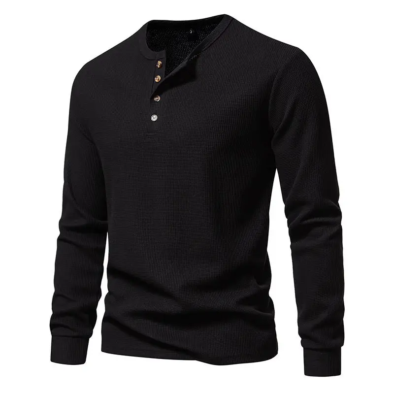Men's Long Sleeve Waffle T-Shirt Beige 4 Button — feature 18