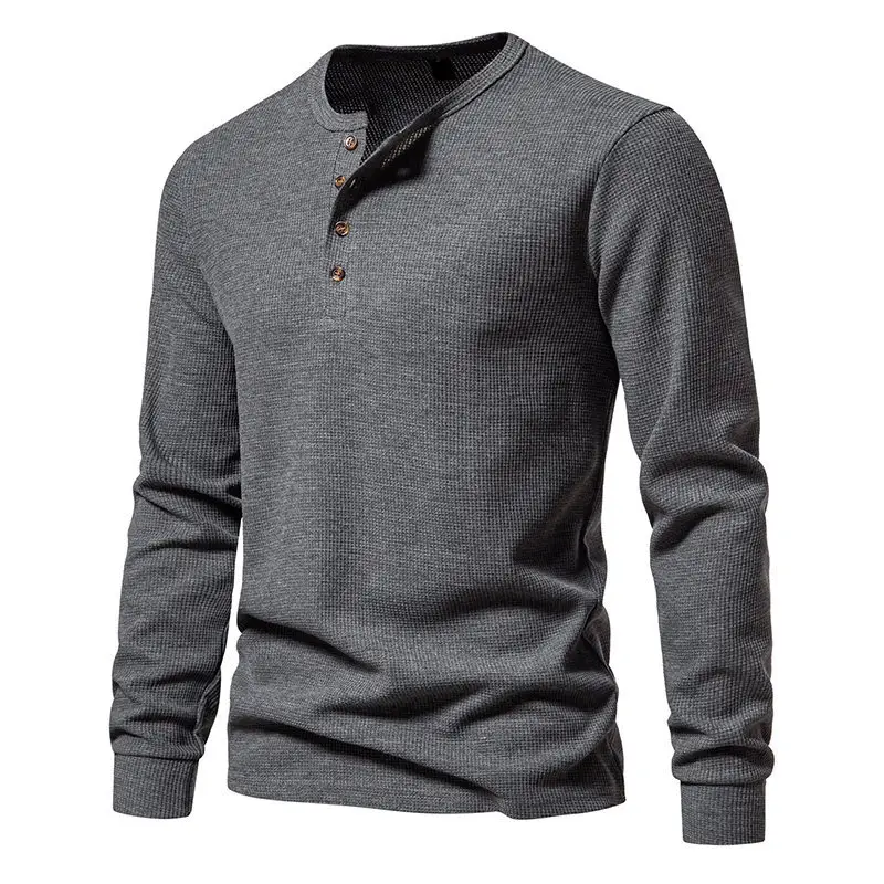 Men's Long Sleeve Waffle T-Shirt Beige 4 Button — feature 3