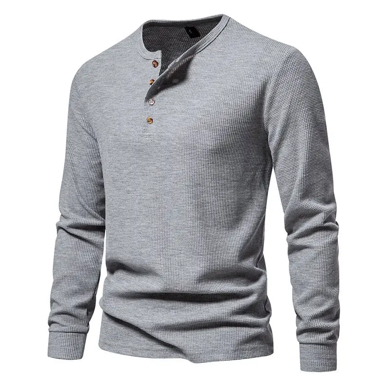 Men's Long Sleeve Waffle T-Shirt Beige 4 Button — feature 6