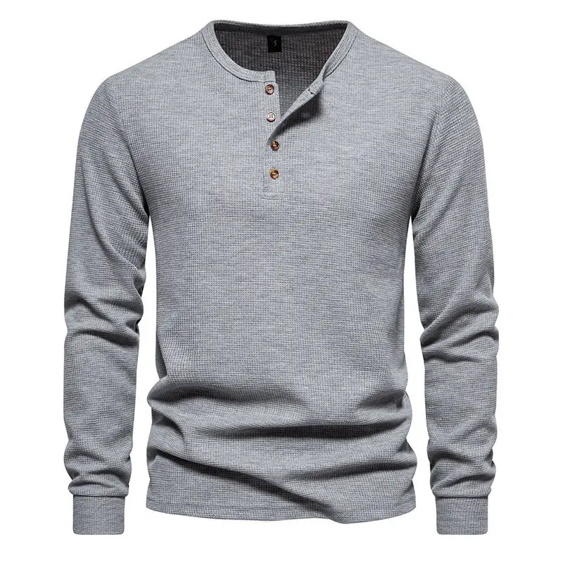 Men's Long Sleeve Waffle T-Shirt Beige 4 Button - Image 2