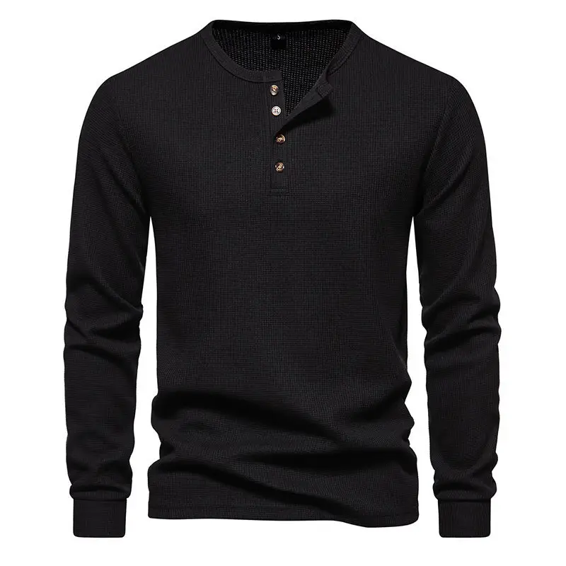 Men's Long Sleeve Waffle T-Shirt Beige 4 Button - Image 4