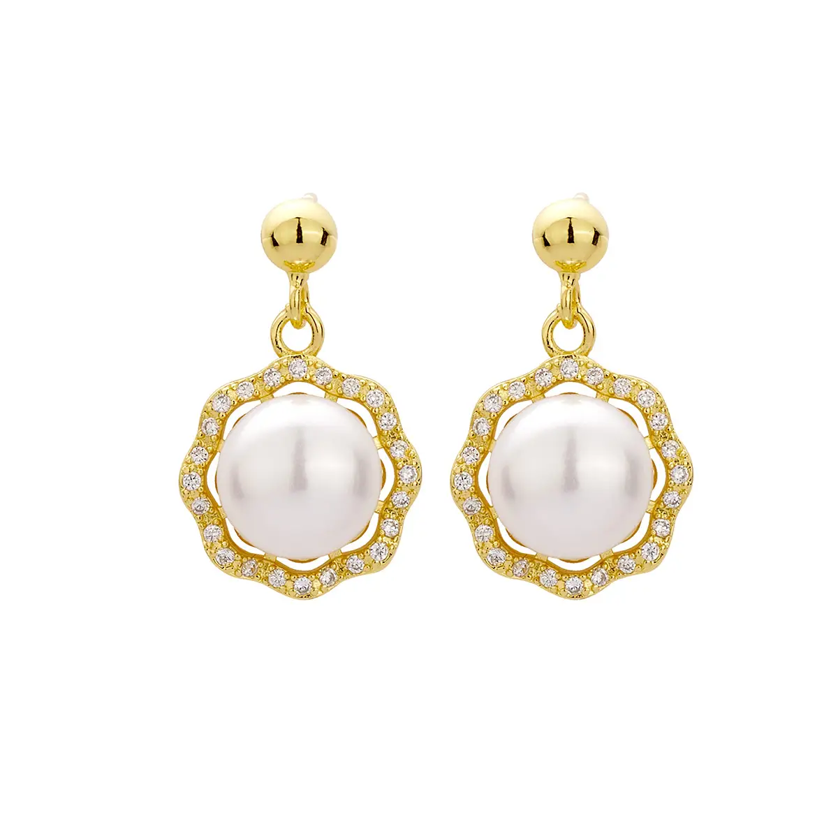 French Retro Pearl Earrings Gold Plated Hollow Flower Design