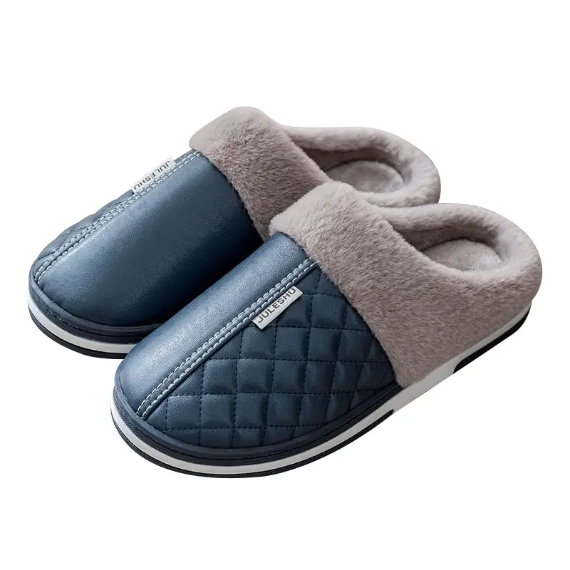 Drooping cotton slippers men's autumn and winter indoor home home waterproof non-slip fleece-lined warm plush leather slippers