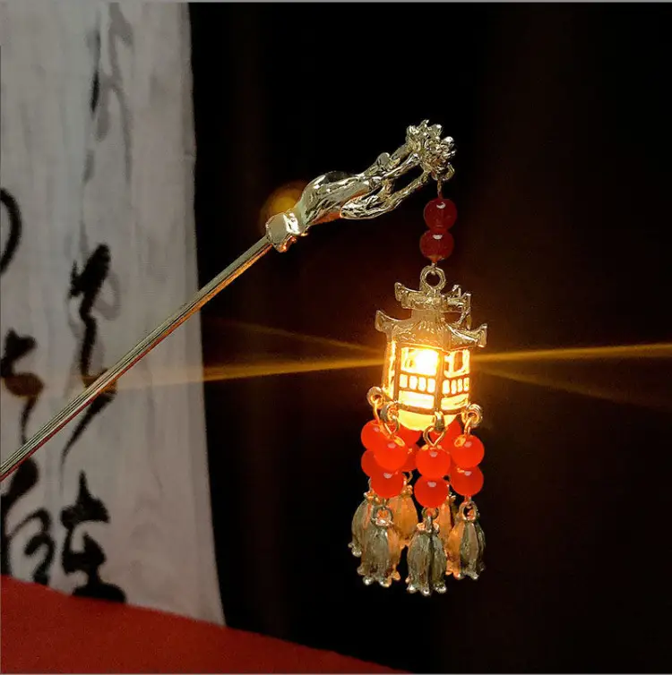 Luminous Lotus Lantern Hairpin Metal Palace Ancient Style Step Shake Tassel Chopsticks Cheongsam Hanfu Bun Headdress — feature 1