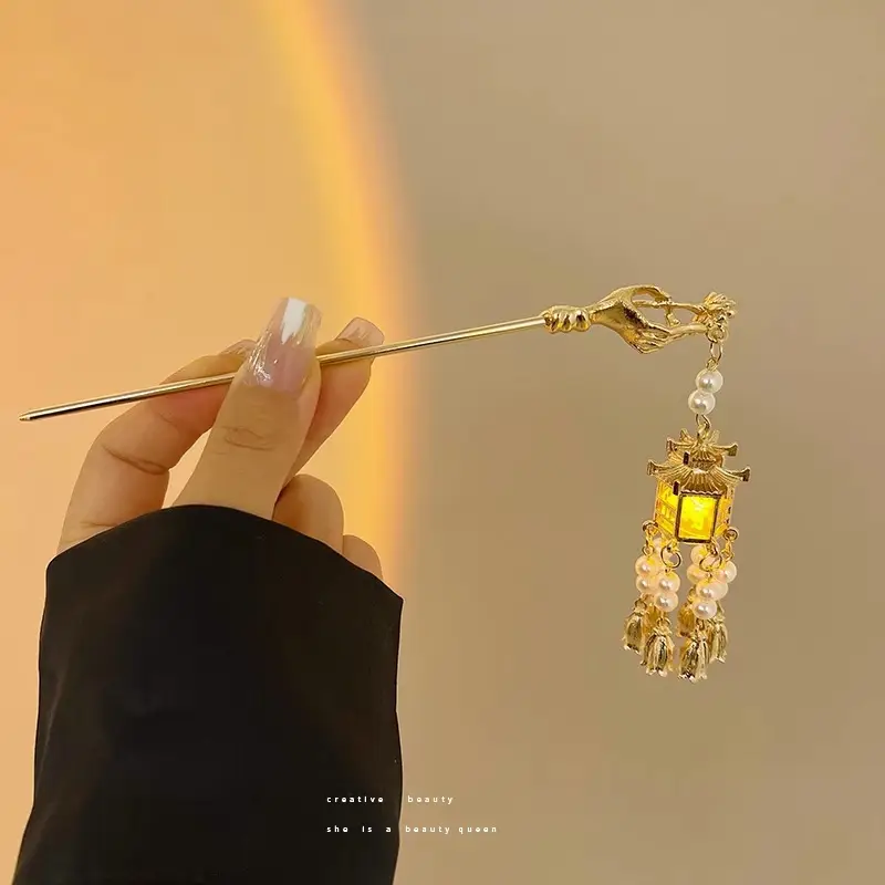Luminous Lotus Lantern Hairpin Metal Palace Ancient Style Step Shake Tassel Chopsticks Cheongsam Hanfu Bun Headdress — feature 5