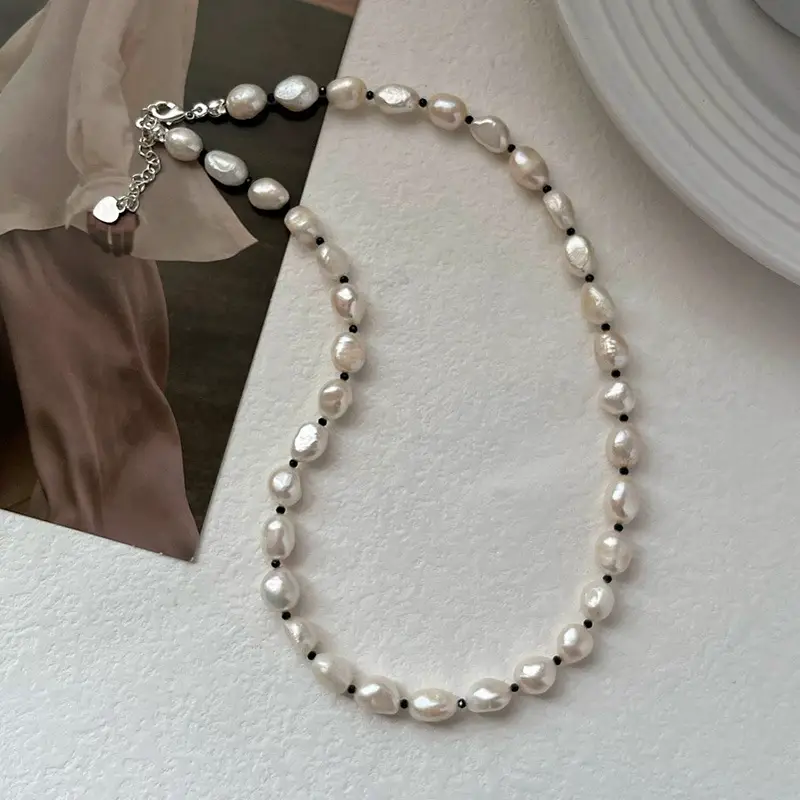 Sterling Silver Pearl Necklace with Black Crystal Accents