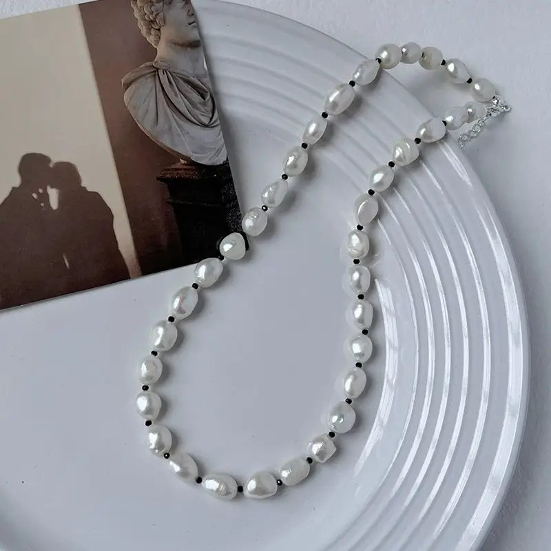 Sterling Silver Pearl Necklace with Black Crystal Accents