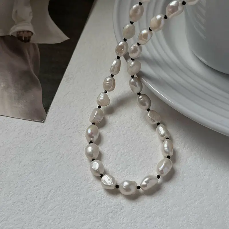 Sterling Silver Pearl Necklace with Black Crystal Accents