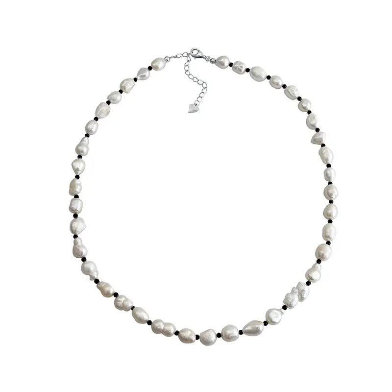 Sterling Silver Pearl Necklace with Black Crystal Accents