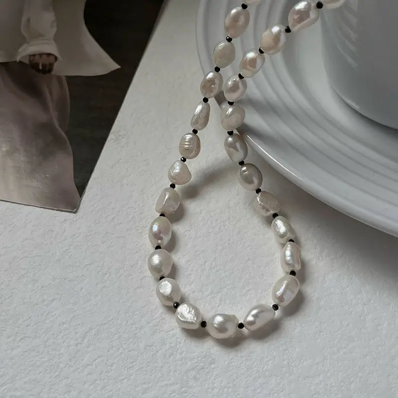 Sterling Silver Pearl Necklace with Black Crystal Accents — feature 3