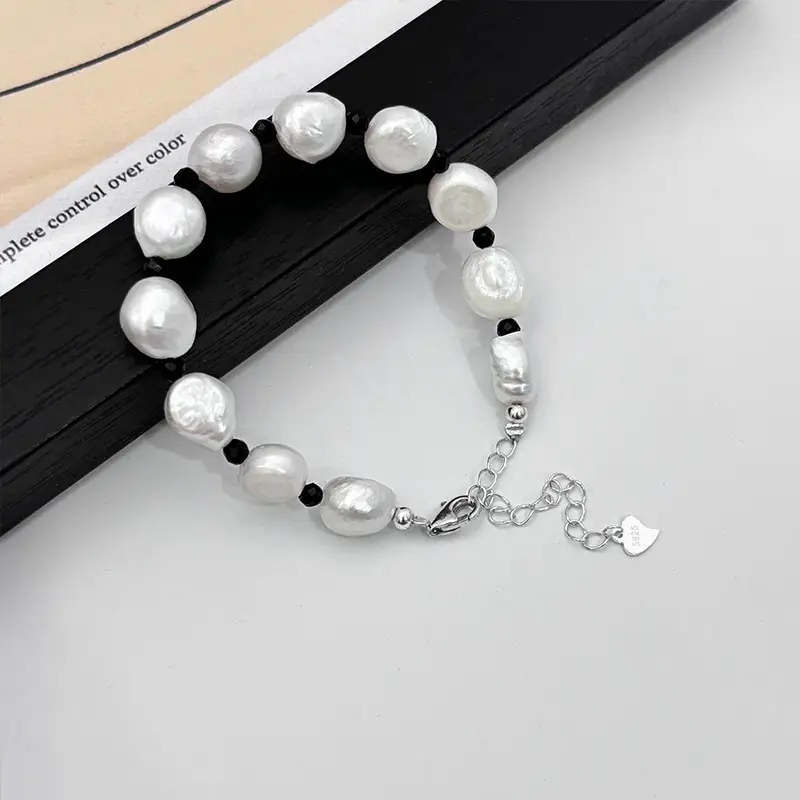 Sterling Silver Pearl Necklace with Black Crystal Accents — feature 6
