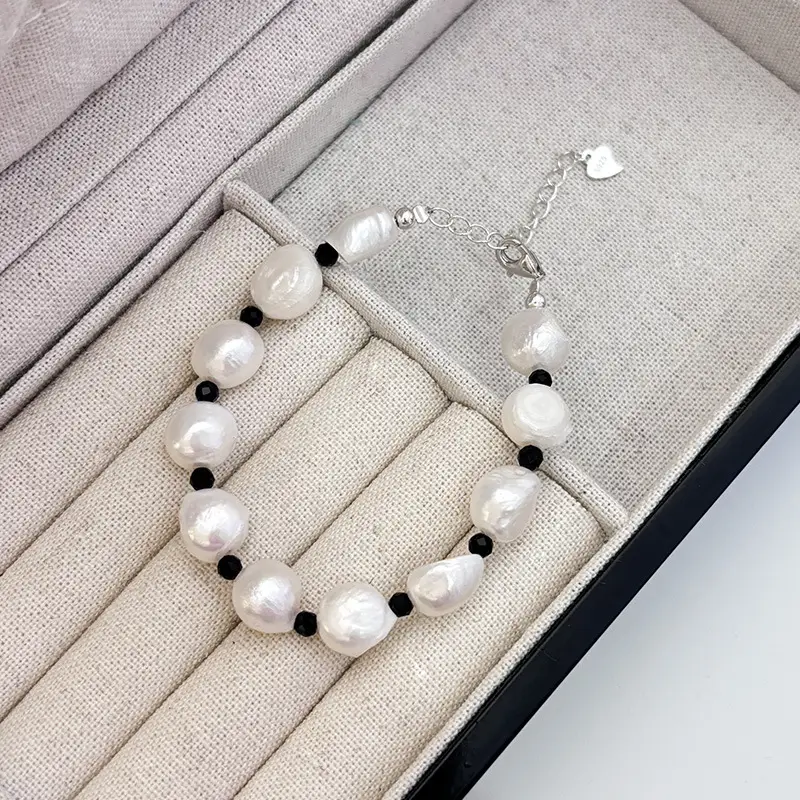 Sterling Silver Pearl Necklace with Black Crystal Accents