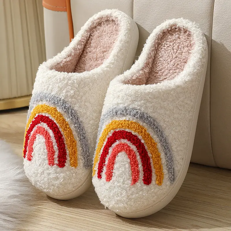 Cross-border New Autumn and Winter Rainbow Cotton Slippers for Men and Women Wholesale Household Non-slip Home Indoor Warm Cotton Shoes for Hair