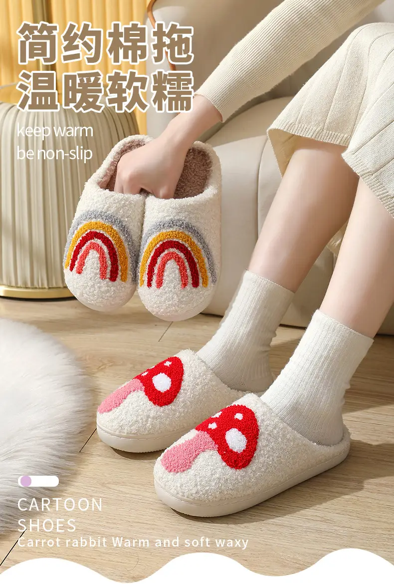Cross-border New Autumn and Winter Rainbow Cotton Slippers for Men and Women Wholesale Household Non-slip Home Indoor Warm Cotton Shoes for Hair — feature 1