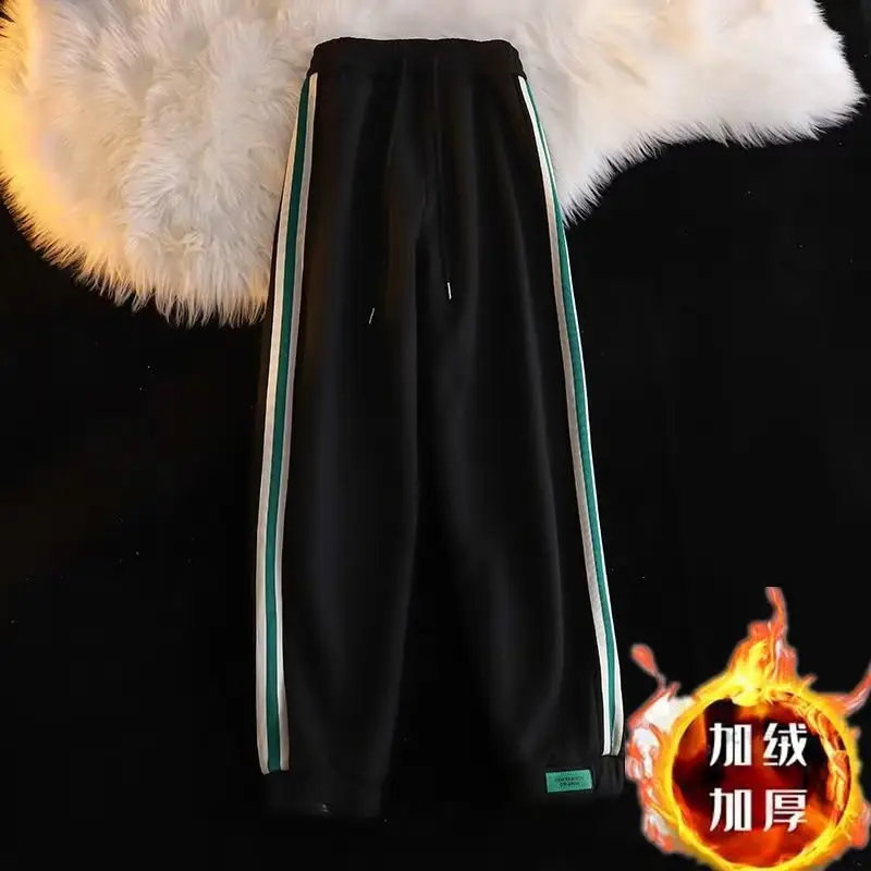 Men Fleece Lined Striped Sweatpants Grey Green - Image 2