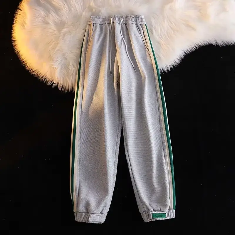 Men Fleece Lined Striped Sweatpants Grey Green - Image 3