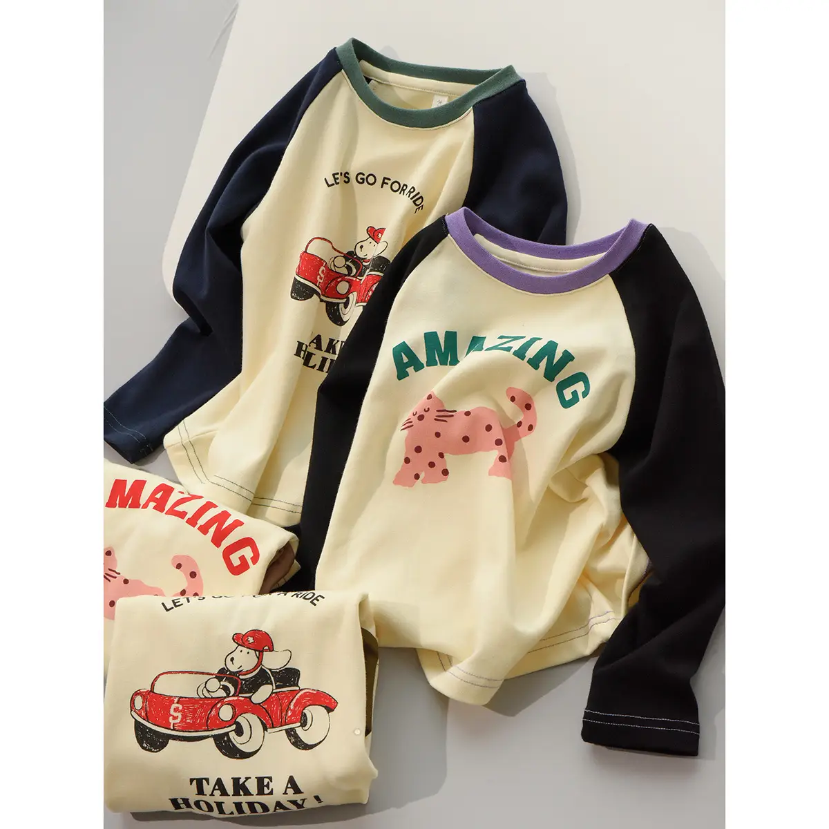 Children Cotton Cartoon T-Shirt Boys Round Neck Long Sleeve