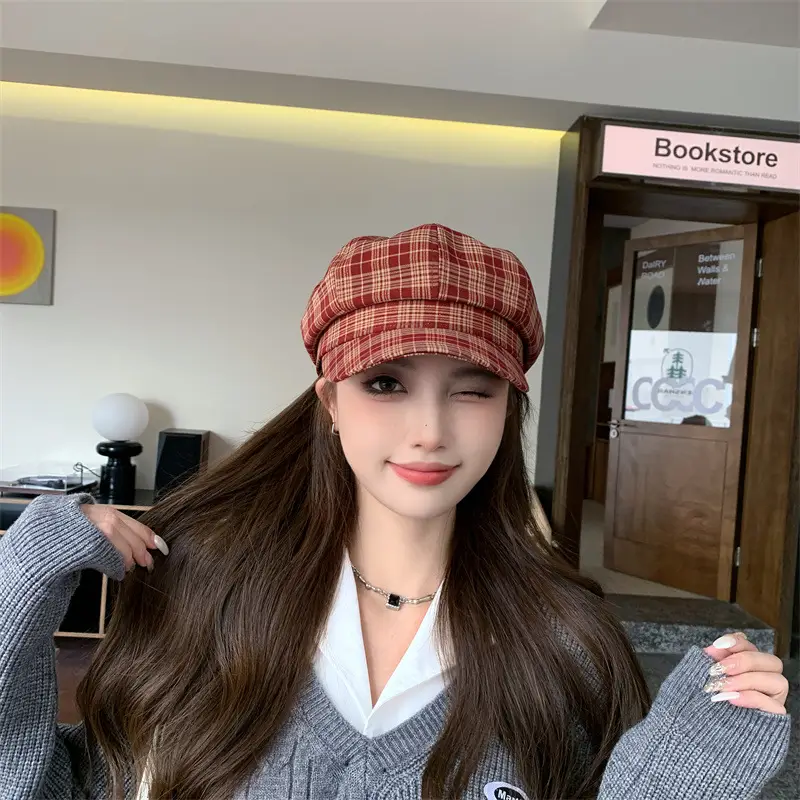 Women Plaid Peak Cap Autumn Winter Hat - Image 7