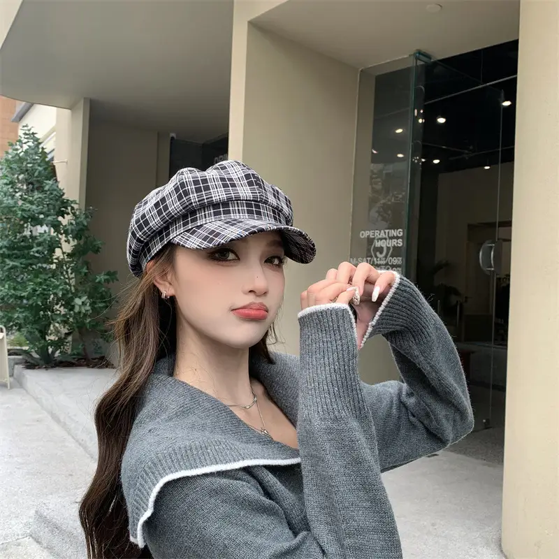 Women Plaid Peak Cap Autumn Winter Hat - Image 8