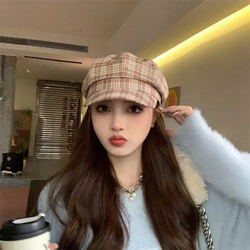 Women Plaid Peak Cap Autumn Winter Hat - Image 9