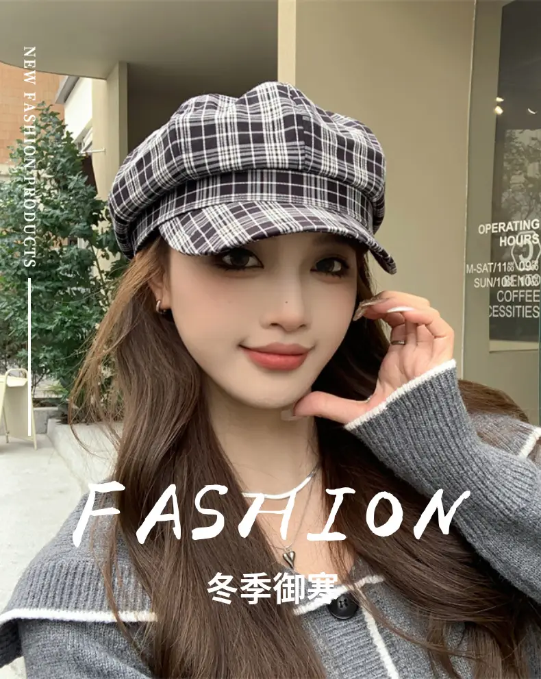Women Plaid Peak Cap Autumn Winter Hat — feature 1
