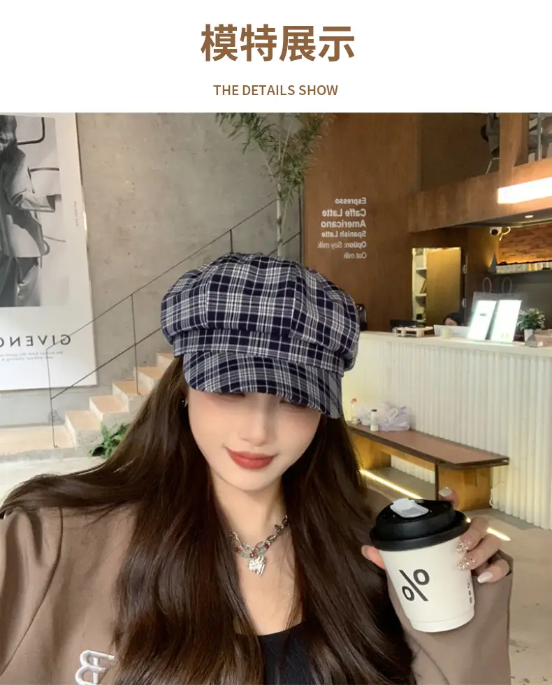 Women Plaid Peak Cap Autumn Winter Hat — feature 6