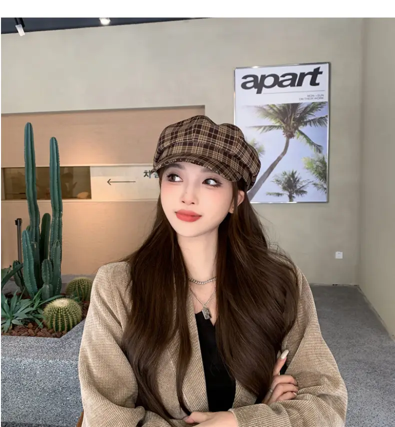 Women Plaid Peak Cap Autumn Winter Hat — feature 7