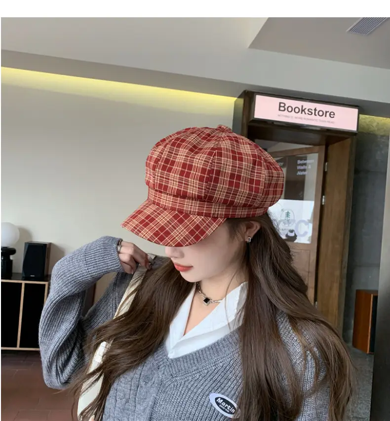 Women Plaid Peak Cap Autumn Winter Hat — feature 9