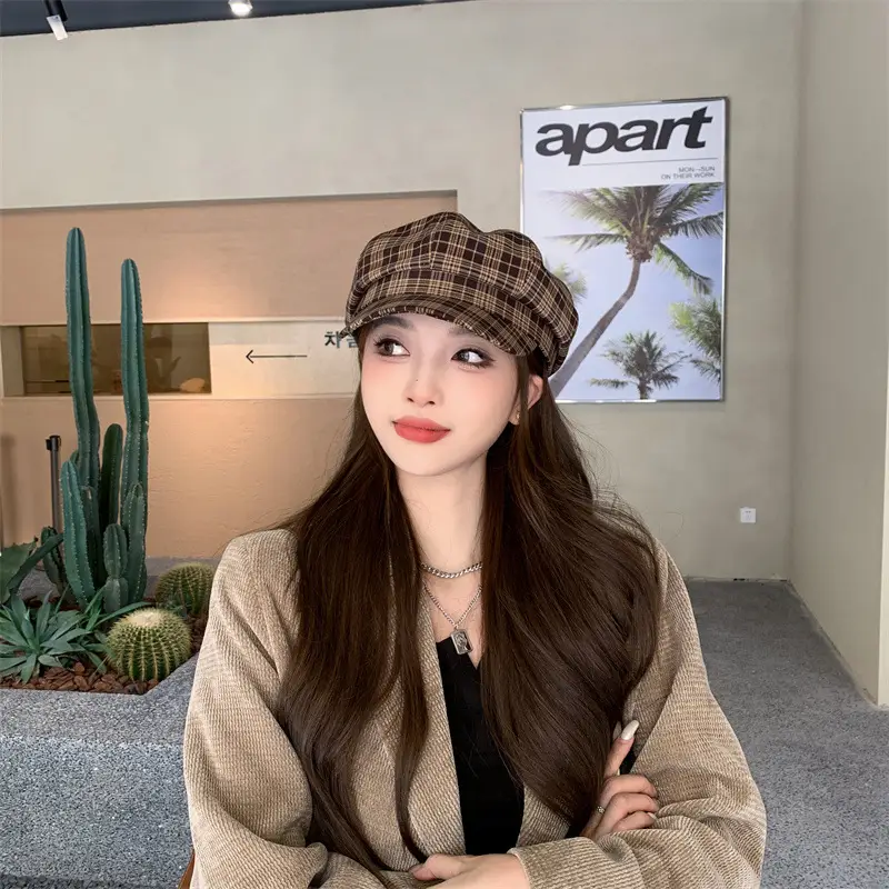 Women Plaid Peak Cap Autumn Winter Hat - Image 2