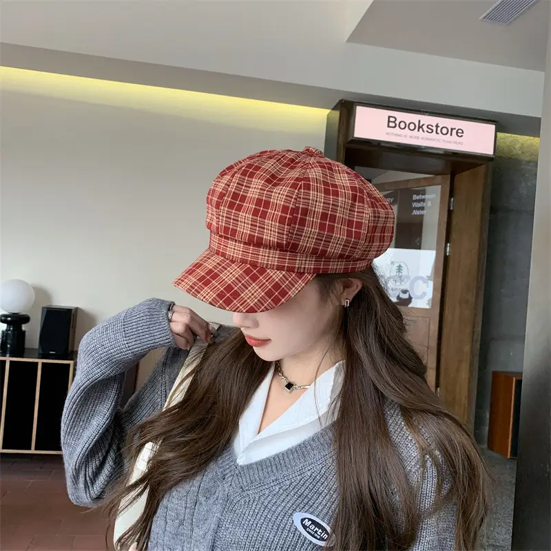 Women Plaid Peak Cap Autumn Winter Hat - Image 3