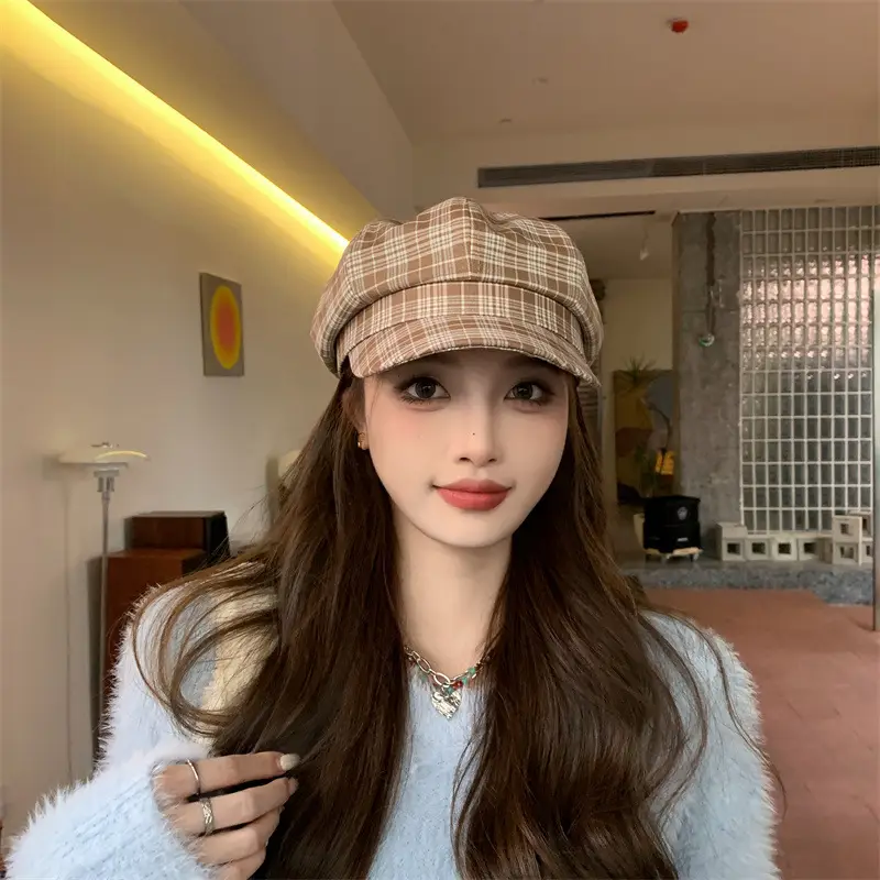 Women Plaid Peak Cap Autumn Winter Hat - Image 4