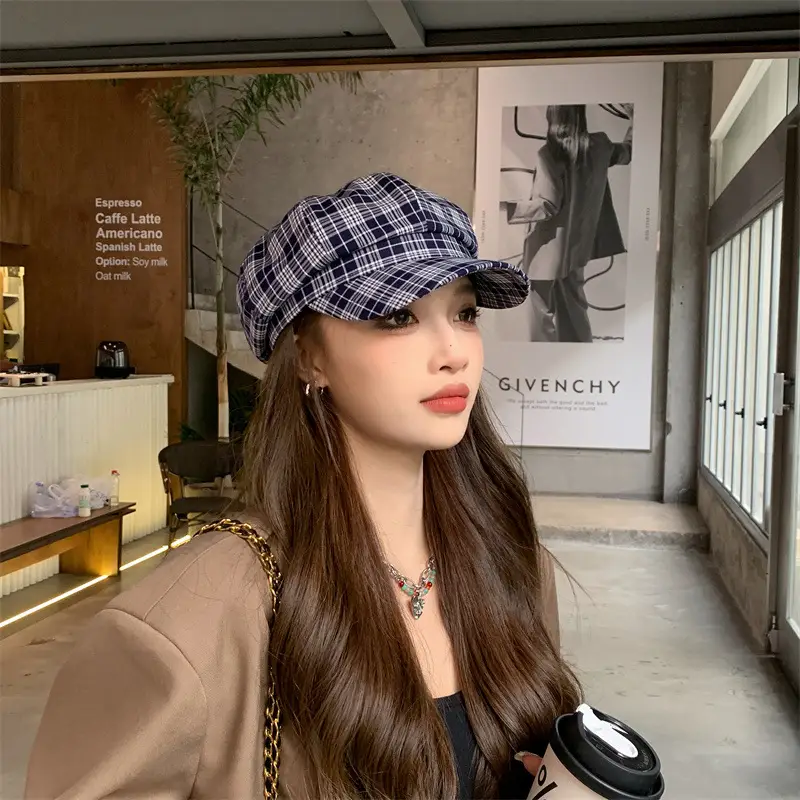 Women Plaid Peak Cap Autumn Winter Hat - Image 5