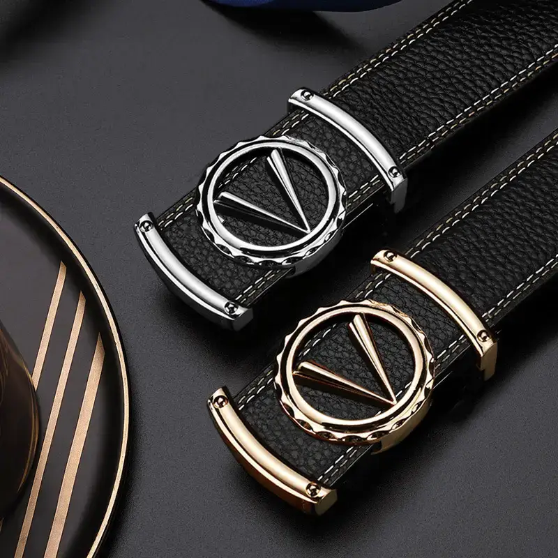 Men's Black Leather Automatic Buckle Belt with Gold Plated Logo