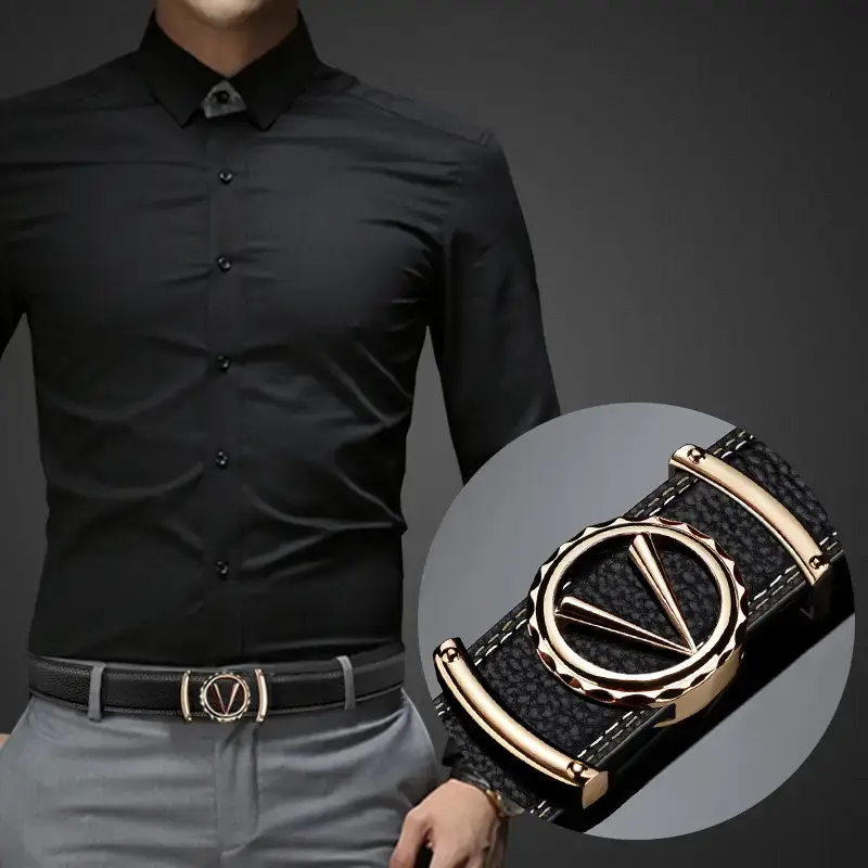 Men's Black Leather Automatic Buckle Belt with Gold Plated Logo