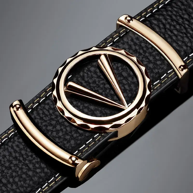 Men's Black Leather Automatic Buckle Belt with Gold Plated Logo