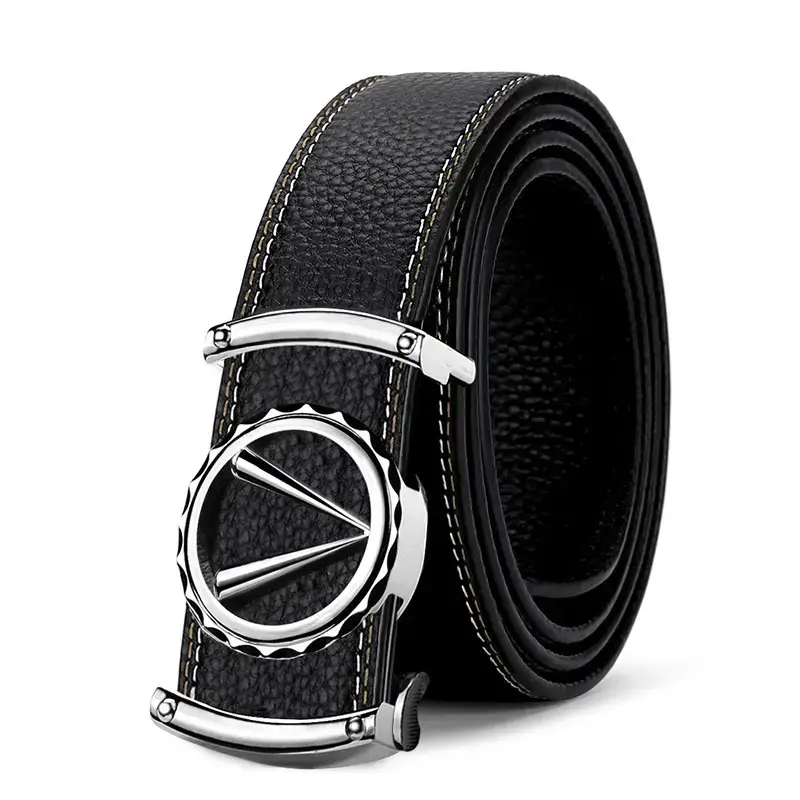 Men's Black Leather Automatic Buckle Belt with Gold Plated Logo