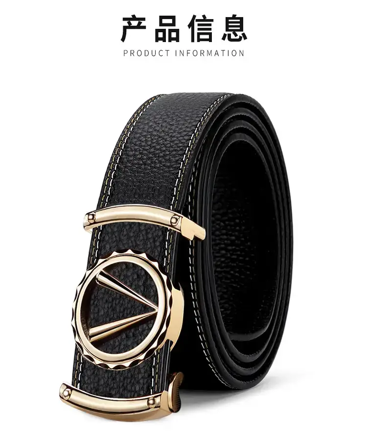 Men's Black Leather Automatic Buckle Belt with Gold Plated Logo — feature 11