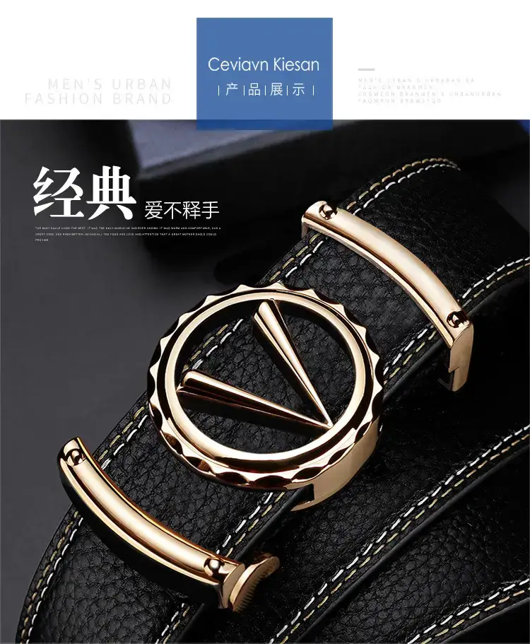 Men's Black Leather Automatic Buckle Belt with Gold Plated Logo — feature 13