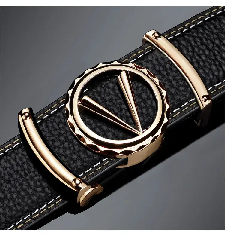 Men's Black Leather Automatic Buckle Belt with Gold Plated Logo — feature 14