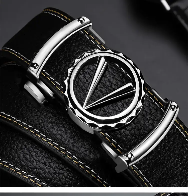 Men's Black Leather Automatic Buckle Belt with Gold Plated Logo — feature 15