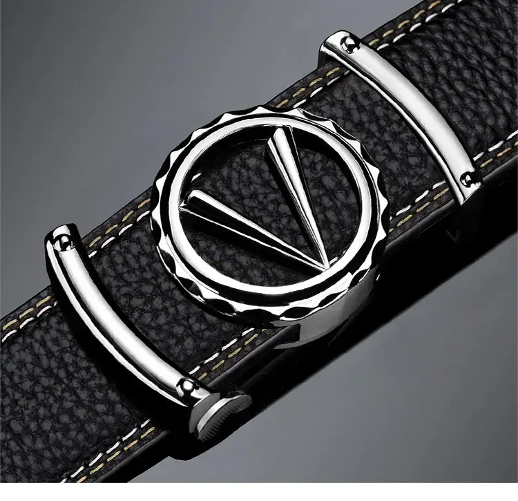 Men's Black Leather Automatic Buckle Belt with Gold Plated Logo — feature 16