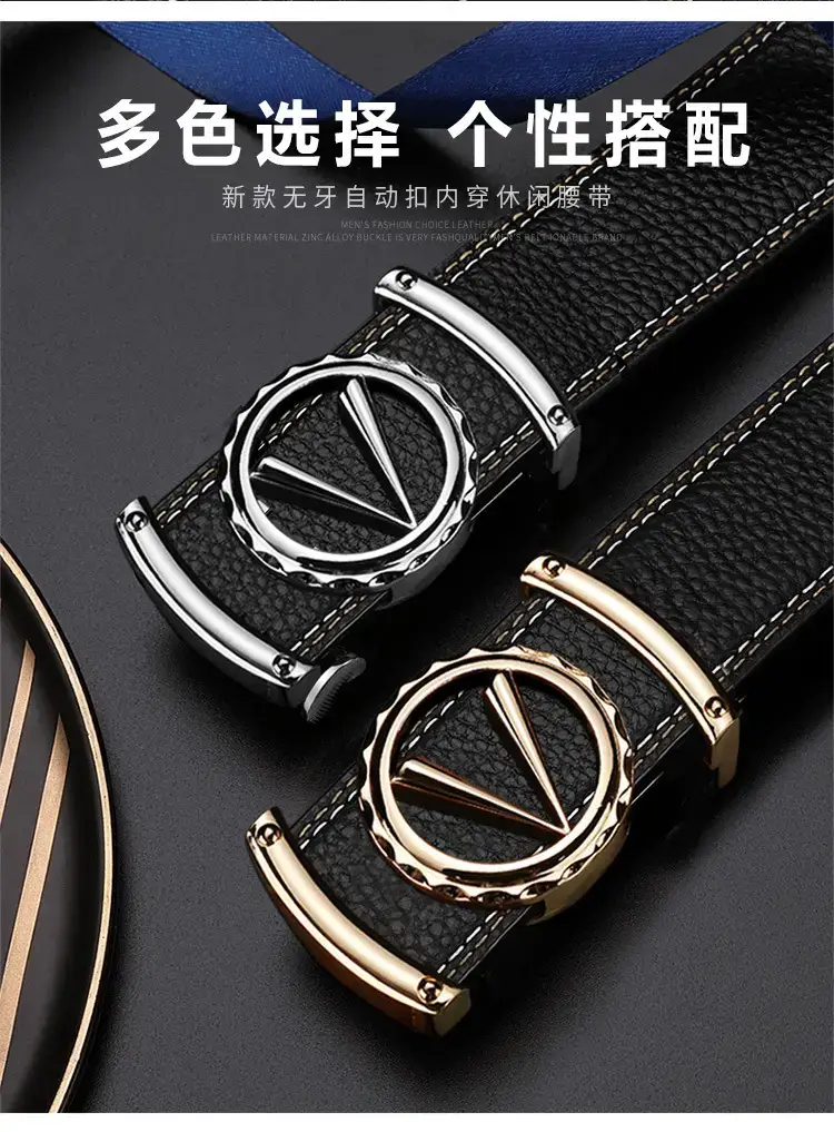 Men's Black Leather Automatic Buckle Belt with Gold Plated Logo — feature 2