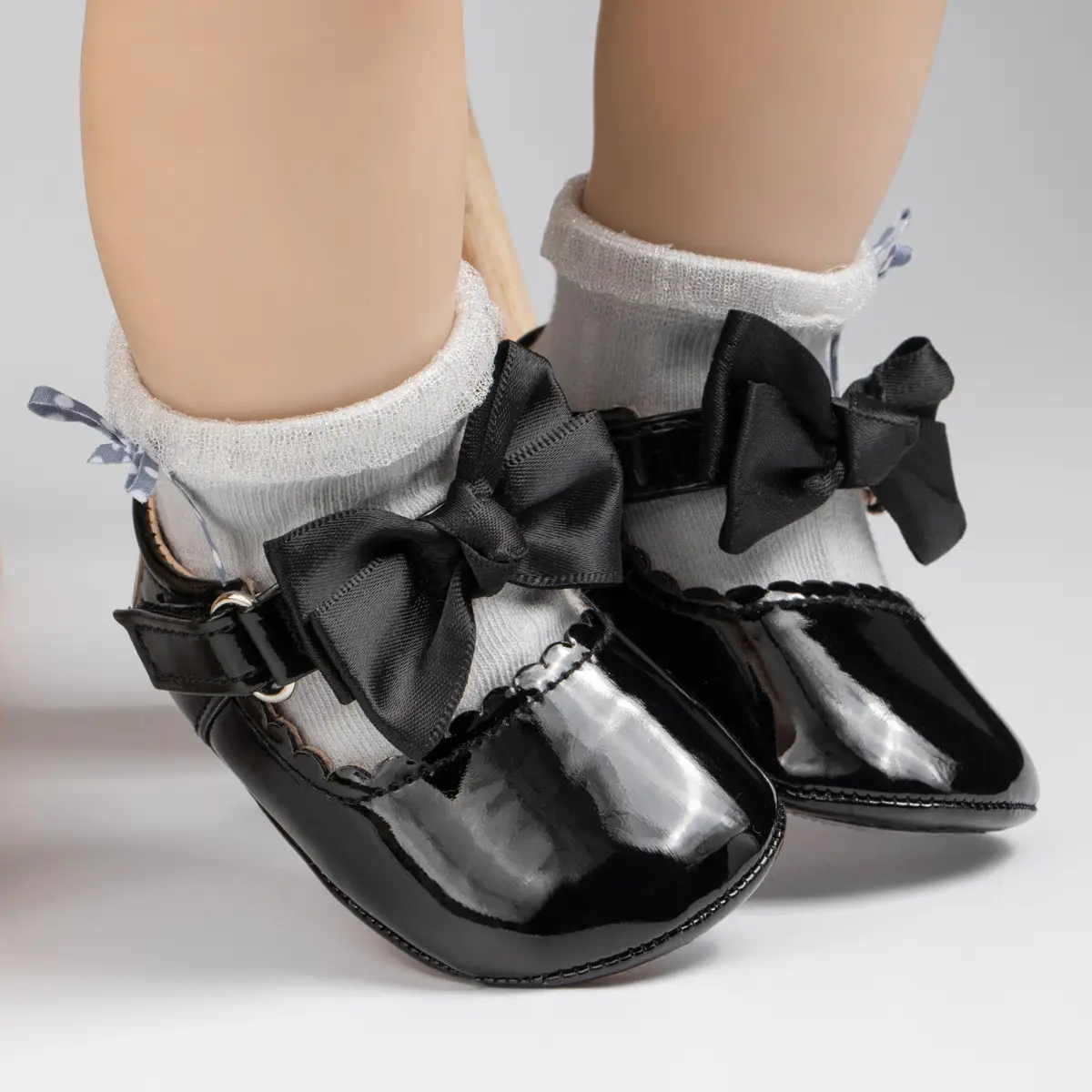 Baby Bow Shoes Black White 0-1Yr Rubber Sole